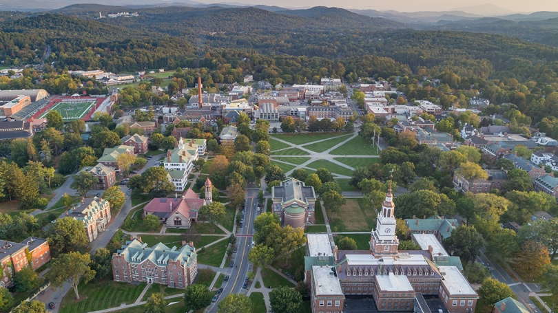An aerial view of the Dartmouth campus, including Baker Tower, Baker-Berry Library, Carson Hall, and the Dartmouth Green.